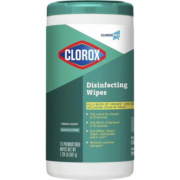 CloroxPro™ Disinfecting Wipes - Fresh Scent - Soft Cloth - Bleach-free, Moist, Pre-moistened, Phosphorous-free, Easy Tear, Easy to Use, Anti-bacterial - For Multi Surface, Mirror, Glass Cleaning - 75 Per Canister - 1 Each