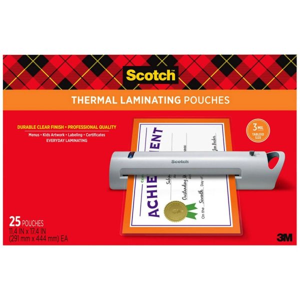 Scotch Thermal Laminator Pouches - Sheet Size Supported: Menu - Laminating Pouch/Sheet Size: 11.40" Width x 17.40" Length x 3 mil Thickness - Glossy - for Menu, Document, Photo, Craft, Artwork, Schedule, Presentation, Phone List, Certificate, Sign, Calendar, ... - Photo-safe, Double Sided - Clear - 25 / Pack