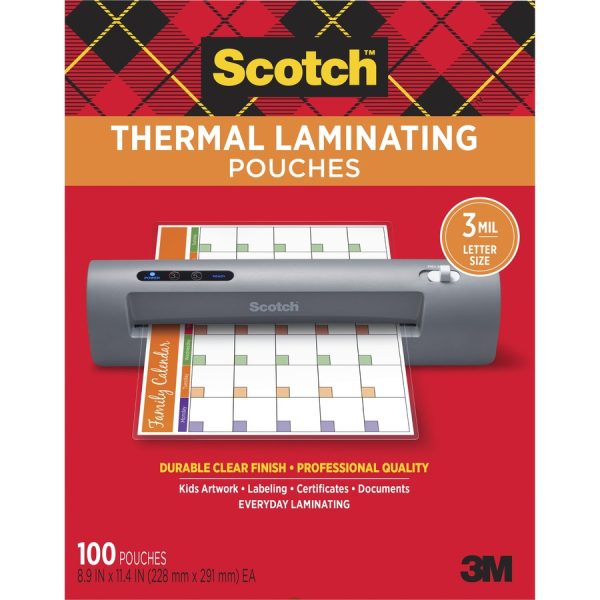 Scotch Thermal Laminating Pouches - Sheet Size Supported: Letter 3 mil Thickness - Laminating Pouch/Sheet Size: 9" Width x 11.50" Length x 3 mil Thickness - Glossy - for Document, Photo, Artwork, Certificate, Sign, Card, Schedule, Presentation, Phone List, Award, Calendar - Moisture Resistant, Photo-safe, Double Sided - Clear - 100 / Pack