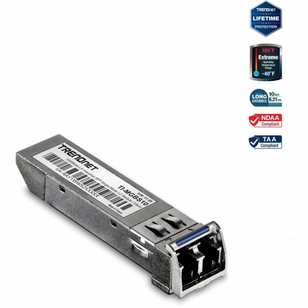 TRENDnet SFP to RJ45 Industrial Single-Mode LC Module (10km); TI-MGBS10; 1000Base-LX Industrial SFP; Compliant with IEEE 802.3z Gigabit Ethernet; Data Rates of up to 1.25Gbps; Lifetime Protection