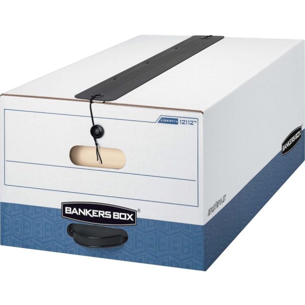 Bankers Box Liberty Plus File Storage Box - Internal Dimensions: 15" Width x 24" Depth x 10" Height - External Dimensions: 15.3" Width x 24.1" Depth x 10.8" Height - Media Size Supported: Legal - String/Button Tie Closure - Heavy Duty - Stackable - Corrugated Paper - White, Blue - For File - Recycled - 12 / Carton