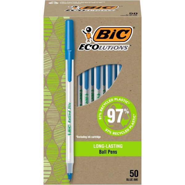 BIC Ecolutions Round Stic Ball Point Pen - Medium Pen Point - 1 mm Pen Point Size - Conical Pen Point Style - Blue - Semi-transparent Barrel - 50 / Box