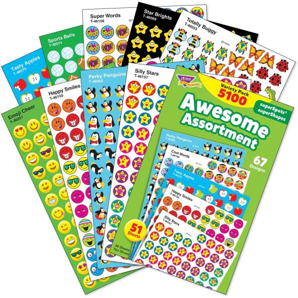 Trend Awesome Assortment Stickers - Varied Shape - Self-adhesive - Assorted - Paper - 5100 / Pack