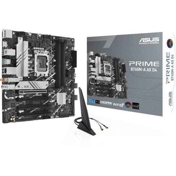 Asus Prime B760M-A AX D4 Desktop Motherboard - Intel B760 Chipset - Socket LGA-1700 - Micro ATX - Pentium Gold, Celeron, Core Processor Supported - 128 GB DDR4 SDRAM Maximum RAM - DIMM, UDIMM - 4 x Memory Slots - Gigabit Ethernet - IEEE 802.11 a/b/g/n/ac/ax - HDMI - DisplayPort - 6 x SATA Interfaces