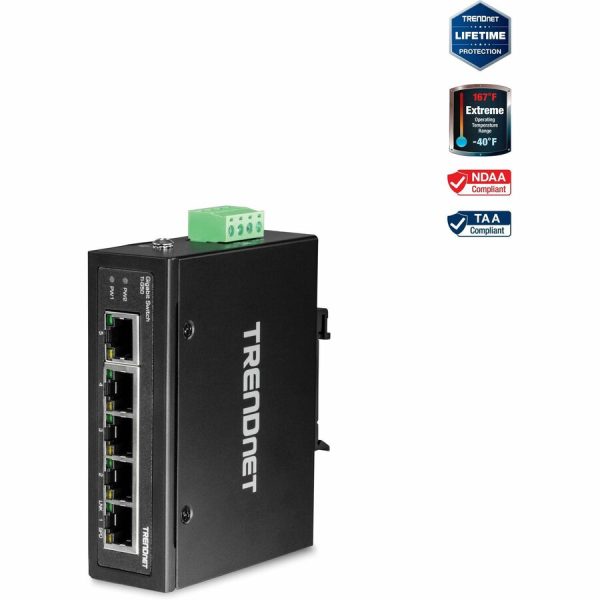 TRENDnet 5-Port Hardened Industrial Gigabit DIN-Rail Switch, 10 Gbps Switching Capacity, IP30 Rated Network Switch (-40 to 167 ?F), DIN-Rail & Wall Mounts Included, Lifetime Protection, Black, TI-G50