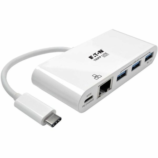 Tripp Lite 3-Port USB-C Hub with LAN Port and Power Delivery, USB-C to 3x USB-A Ports and Gbe, USB 3.0, White