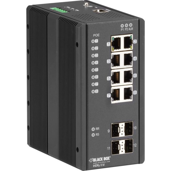 Black Box Industrial Managed Gigabit Ethernet PoE+ Switch - (8) RJ-45, (4) SFP