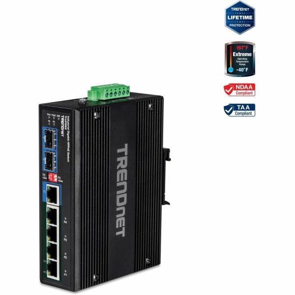 TRENDnet 6-Port Hardened Industrial Gigabit 10/100/1000 Mbps Ultra PoE DIN-Rail Switch; UPoE; IP30; DIN-Rail & Wall Mounts Included; Lifetime Protection; TI-UPG62