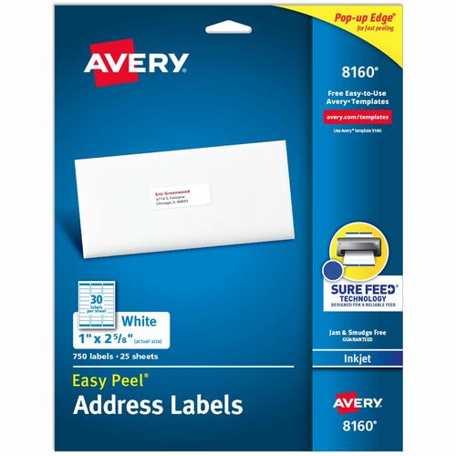 Avery Inkjet Labels, Mailing, 1"x2-5/8", 750/PK, White