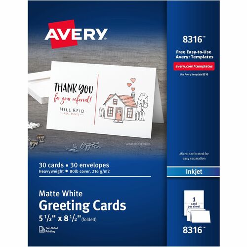 Avery Greeting Cards,Inkjet,1/2-fold, 8-1/2"x5-1/2",30/BX,Matte WE