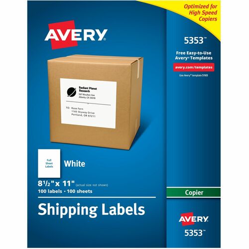 Avery Copier Label, Full Sheet, 8-1/2"x11", 100/BX, White