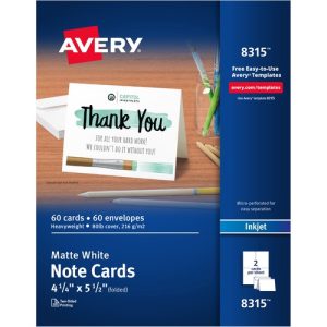 Avery  Note Cards,Inkjet,Envelopes, 4-1/4"x5-1/2", 60/BX, Matte WE