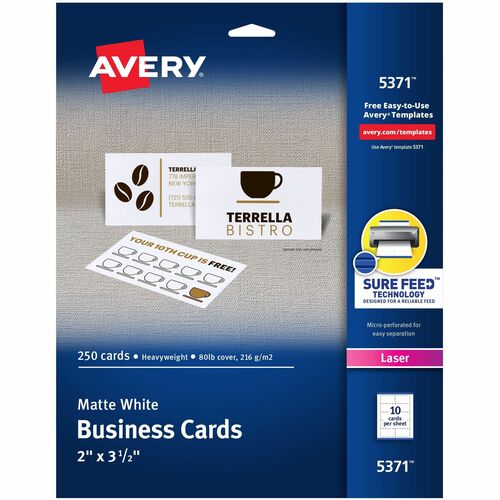 Avery Business Card, Laser, 2"x3-1/2", 250/PK, White