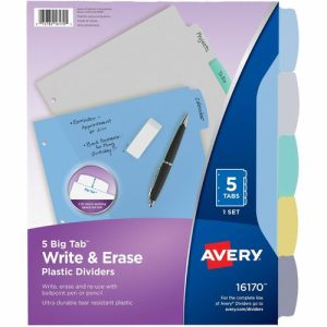Avery  Write-on Dividers,Translucent,5-Tab,8-1/2"x11",Multi