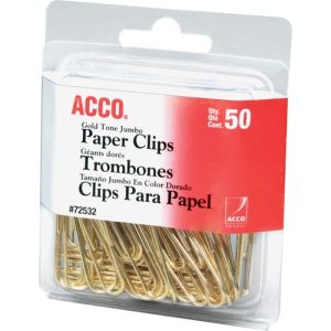 ACCO  Paper Clips, Jumbo, .047 Wire Gauge, 50/PK, Gold
