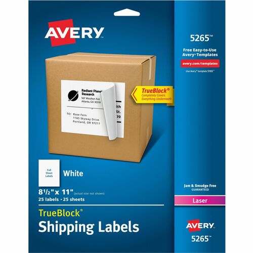 Avery Shipping Labels, TrueBlock, 8-1/2"x11", 25/PK White