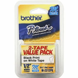 Brother  Non-laminated Tape,1/2", 2/PK, Black/White