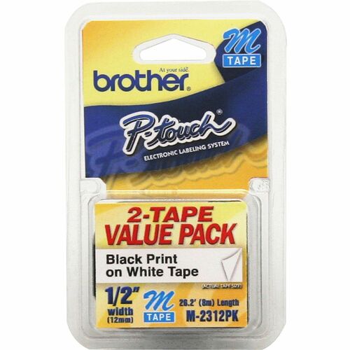 Brother Non-laminated Tape,1/2", 2/PK, Black/White