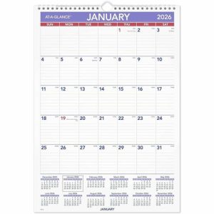 AT-A-GLANCE  Wall Calendar,Monthly,1PPM,Jan-Dec,12"x17" Pg Sz,White