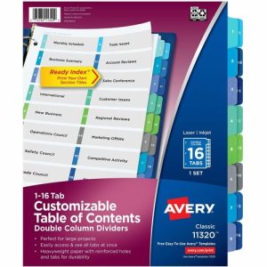 Avery  T/of Contents Dividers,Dble Column,1-16 Tab,11"x8-1/2",Multi