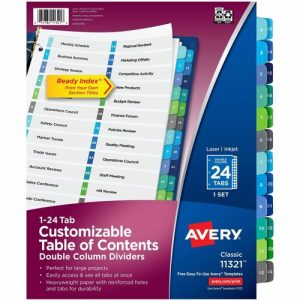 Avery  T/of Contents Dividers,Dble Column,1-24 Tab,11"x8-1/2",Multi