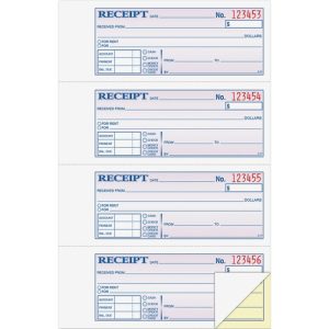 Adams Receipt Book, f/Money/Rent, 2-Part, 200 Sets, 7-5/8"x11",WE