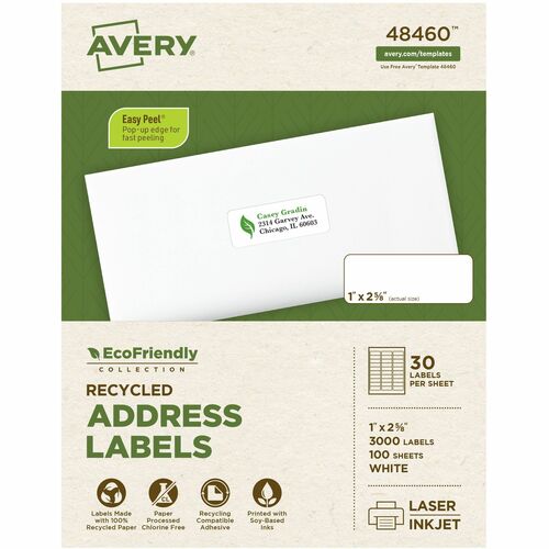 Avery Labels, Address, 1"x2-5/8", 3000/BX, White