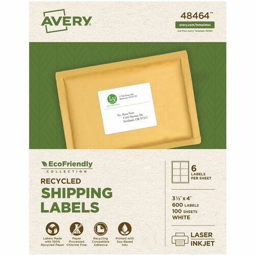 Avery Labels, Shipping, 3-1/3"x4", 600/BX, White