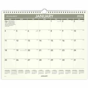 AT-A-GLANCE  Monthly Wall Calendar,12-Mth Jan-Dec,15"x12",Cream/GN