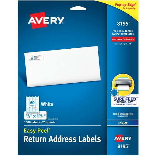 Avery Return Address Label, Inkjet, 2/3"x1-3/4", 1500/PK, White
