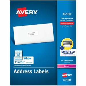 Avery  Laser Labels, Mailing, 1"x2-5/8", 7500/BX, White