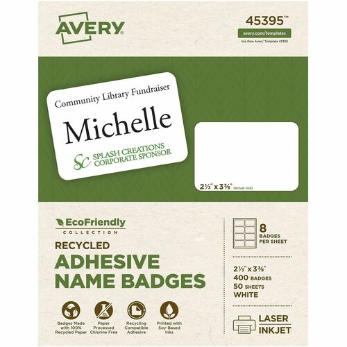 Avery Labels, Name Badges, 2-1/3"x3-3/8", 400/BX, White