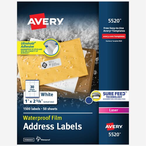Avery Mailing Labels, Weatherproof, 1"x2-5/8", 1500/PK, WE