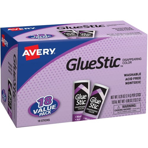 Avery Glue Sticks, 0.26 oz, 18/PK, Purple Dries Clear