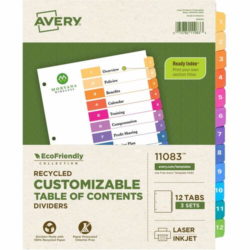 Avery T/of Contents Dividers, Recycled, 12 Tabs/ST, 3ST/PK, Multi