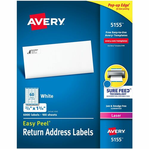 Avery Laser Labels, Mailing, 2/3"x1-3/4", 6000/BX, White