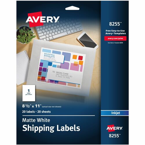 Avery Color Inkjet Labels,Matte,Full Sheet,8-1/2"x11",20/PK,WE
