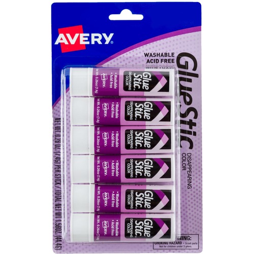 Avery Glue Sticks, 0.26 oz, 6/PK, Purple Dries Clear