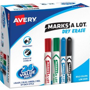 Avery Dry Erase Markers Combo Pack, Chisel/Bullet Pt, 24/BX, AST