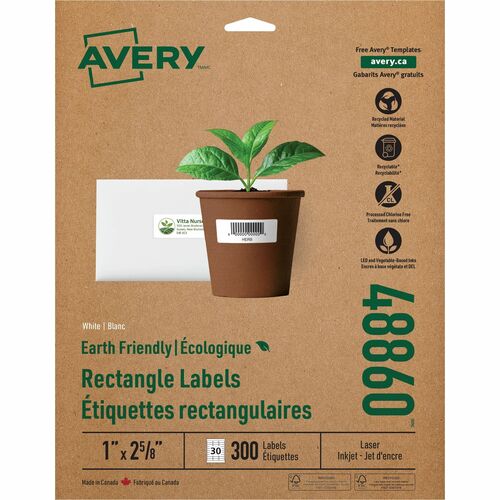 Avery Labels, Mailing, Eco Friendly, 1"x2-5/8", 300/PK, White