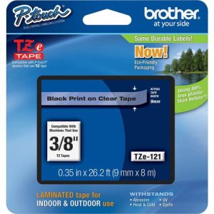 Brother  Tape Cartridge, Laminated, f/P-Touch 8m, 3/8", Black/Clear
