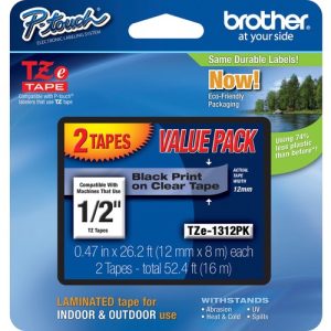 Brother  Label Tape,Lamin,f/P-touch,0.47"x26.2',2/PK,BlackonClear