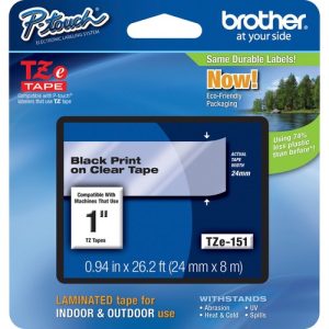 Brother  Label Tape,Laminated,f/P-touch,0.94"x26.2',BlackonClear