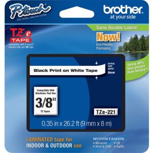 Brother  Label Tape,Laminated,f/P-touch,0.35"x26.2',BlackonWhite