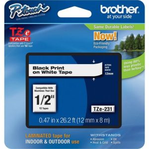 Brother  Label Tape,Laminated,f/P-touch,0.47"x26.2',BlackonWhite