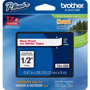 Brother  Label Tape,Laminated,f/P-touch,0.47"x26.2',RedonWhite