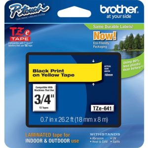 Brother  Label Tape,Laminated,f/P-touch,0.7"x26.2',BlackonYellow