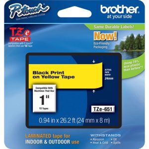Brother  Label Tape,Laminated,f/P-touch,0.94"x26.2',BlackonYellow