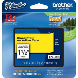 Brother  Label Tape,Laminated,f/P-touch,1.4"x26.2',BlackonYellow