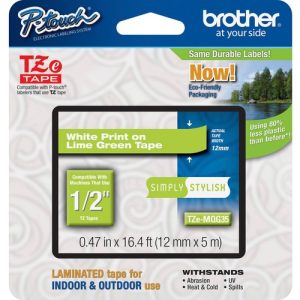 Brother  Label Tape,Laminated,f/P-touch,0.47"x16.4',WhiteonLimeGreen